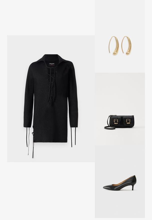 Black long-sleeve shirt with a lace-up front, featuring a collar, side slits with ties, and a textured material.; Black leather pump with a pointed toe, low heel, and a smooth texture. Features a slight opening at the front and minimal hardware at the back.; Black leather crossbody bag with two front pockets, gold buckles, zipper closure, and a slim strap. Textured surface and compact rectangular shape.; Gold-tone metal hoop earrings with a curved, elongated shape. Features a smooth, shiny surface and a rounded tip for added detail.