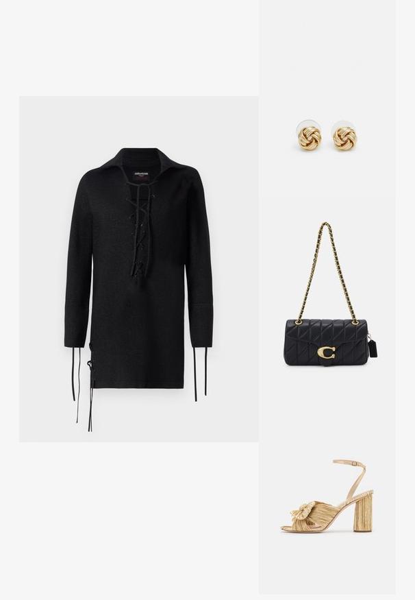 Fekete, hosszú ujjú póló, fűzős elejével, gallérral, oldalsó hasítékokkal és megkötőkkel, valamint texturált anyagból készült.; Arany sarkú szandálok, elől megkötve, pliszírozott textúrával és boka pánttal. A blokksarok bordázott mintázattal rendelkezik, amely javítja a tapadást.; Fekete steppelt táska arany lánc pánttal, jellegzetes arany zár mellett és egy kis címkével, amely textúrált bőrfelületet mutat be.; Arany színű csomó fülbevalók, csavart formával. Minden fülbevaló mögött egy kör alakú átlátszó támasz található a biztonságos viselés érdekében.
