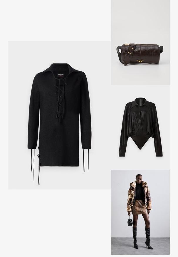 Black long-sleeve shirt with a lace-up front, featuring a collar, side slits with ties, and a textured material.; Black bodysuit with long sleeves, V-neck, and a fitted silhouette. Made of shiny, smooth fabric with a structured collar and cuffs.; Puffer jacket with a brown and black pattern, paired with a brown snake print mini skirt, black knee-high boots, and a small black bag.; Brown crocodile-embossed leather bag with a cylindrical shape, gold-tone hardware, and a detachable strap featuring studs.