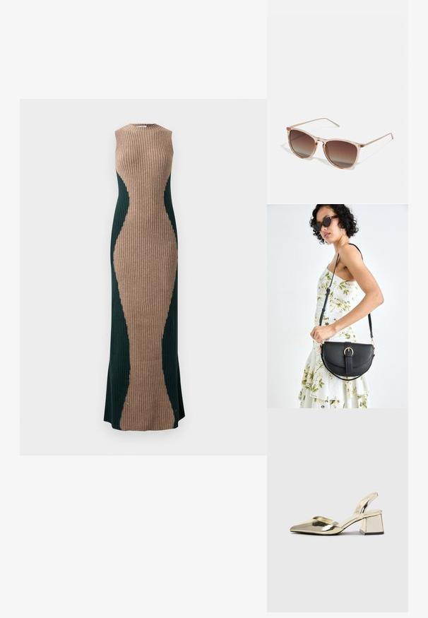 Suknelė be rankovių, su raukšlėta megztine, su šviesiai ruda centrine juosta ir tamsiai žaliais šoniniais spalvomis, sukuriančiais smėlio laikrodžio siluetą.; Auksiniai, metaliniai slingback aukštakulniai bateliai su smailiu pirštu ir masyviu kulnu. Lygus paviršius, minimalizmo dizainas ir siaura juostelė.; Rudi gradientiniai saulės akiniai su permatomu rožiniu rėmeliu, kvadratinės formos ir plonomis metalinėmis šakėmis. Yra su apvalintais kraštais ir minimaliais dekoratyviniais elementais.; Juodas odinis krepšys su išlenkta forma, nuimamu dirželiu ir auksiniais detalėmis. Krepšys turi kilpą su sagtimi.