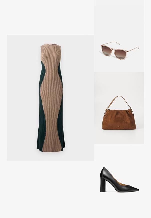 Mouwloze, geribbelde maxi-jurk met een tankleurig centraal paneel en donkergroene zijpanelen die een zandloperfiguur creëren.; Kazar BLUEBELL - Hoge hakken - black; Bruine gradient zonnebril met een doorzichtig roze montuur, vierkante vorm en dunne metalen armen. Heeft afgeronde hoeken en minimale details.; Bruine suède handtas met een geplooid ontwerp, voorzien van een enkele tan kleur leren schouderband en een subtiele gouden logo-detail aan de voorkant.