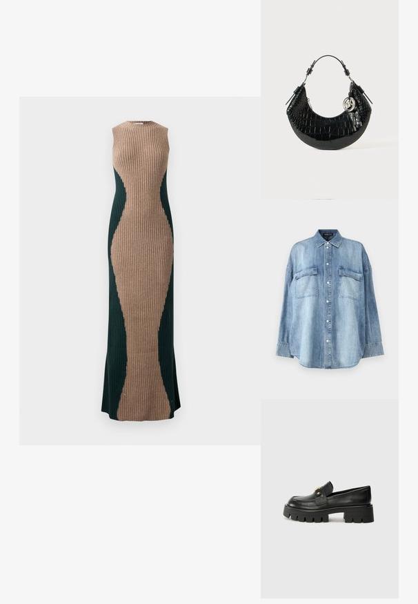 Ärmelloses, geripptes Strick-Maxikleid mit einem sandfarbenen Mittelteil und dunkelgrünen Seitenpaneelen, die eine Sanduhrsilhouette erzeugen.; Hellblaues Denim-Hemd mit spitzem Kragen, Frontknöpfen und zwei Brusttaschen. Hat lange Ärmel und eine lockere Passform.; Schwarze Lederloafers mit einer klobigen Sohle, die an der Vorderseite ein goldfarbenes Akzent und eine glatte Oberfläche aufweisen. Klobiges Profil-Design auf der Sohle.; Schwarze Handtasche aus Kunstleder mit Krokodilprägung, die ein gewölbtes Design, einen kurzen Griff, Metallbeschläge und ein dekoratives silbernes AkzentFeature aufweist.