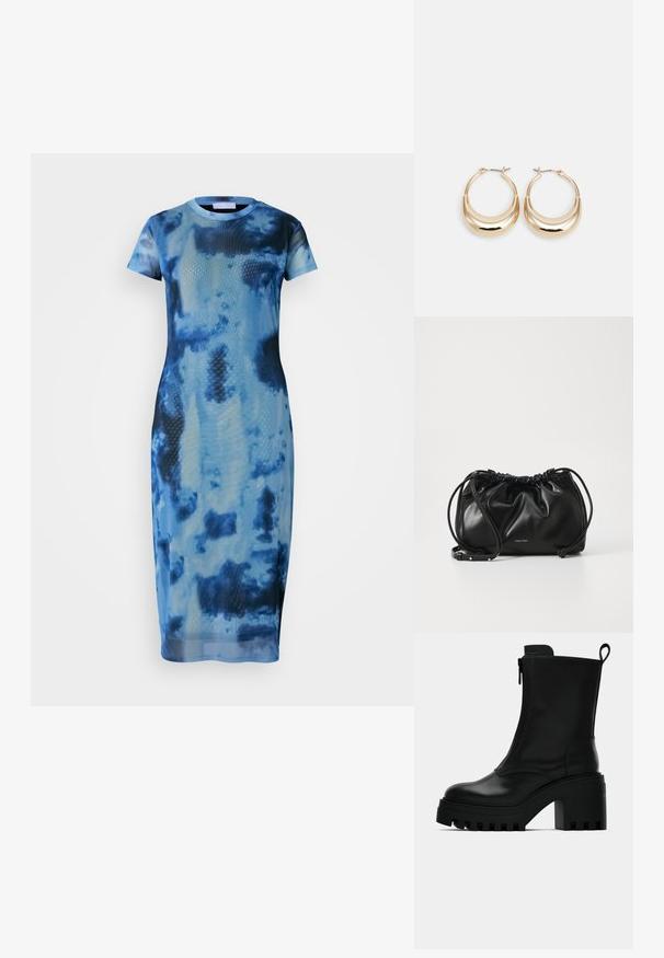 Blå tie-dye midi-kjole laget av lett stoff, med korte ermer, rund halslinje og en tettsittende silhuett med en jevn tekstur.; Sorte lær ankelsko med kraftig såle, blokkhæl, sidelukking med glidelås og trekketap bak på ensfarget hvit bakgrunn.; Svart lærveske med samlet design, dobbel snoråpning og avtagbar skulderrem. Har metallisk logodetalj.; Gulltonede hoop-øreringen med en halvmåneform, polert overflate og hengsel-lukking. Glatt tekstur og reflekterende finish øker synligheten.