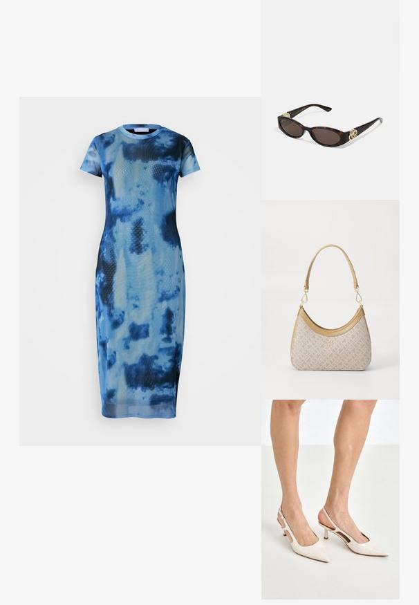 Blaue Batik-Midi-Kleid aus leichtem Stoff, mit kurzen Ärmeln, rundem Halsausschnitt und taillierter Silhouette mit glatter Textur.; Beige Lackleder Slingback-Absätze mit spitzem Fuß und 5 cm Absatz, mit ausgeschnittenen Seiten und einem schmalen Knöchelriemen.; Schildpatt-Sonnenbrille mit länglich-ovalen Gläsern, braunem Farbton, goldenen Logo-Akzenten an den Bügeln und schlanken schwarzen Bügeln.; Beige gemusterte Handtasche mit geschwungener Form, Lederakzenten und einem goldfarbenen Logo auf der Vorderseite. Verfügt über einen kurzen Griff für einfaches Tragen.; Perlen- und Kristallhalskette mit einem runden, perlenbesetzten Design in sanften Farbtönen, das abwechselnd Perlen und funkelnde Akzente zeigt, um den Hals getragen.