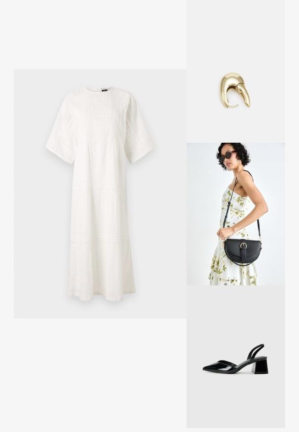 Balta medvilninė suknelė su apvaliomis iškirptėmis, trumpomis rankovėmis, tekstūriniais raštais ir sluoksniuotu dizainu su nėriniu apatinėje dalyje.; Juodos lakuotos odinės šlepetės su smailiu pirštu ir geometriniu bloko kulnu. Turi elegantišką, minimalistinį dizainą ir lygų paviršių.; Juodas odinis krepšys su išlenkta forma, nuimamu dirželiu ir auksiniais detalėmis. Krepšys turi kilpą su sagtimi.; Aukso tono metalinės auskarai su stilingu, kreiviu dizainu. Išsiskiria ryškiu smailiu pavidalu, poliruota paviršiumi ir užsegimu su vyriu.