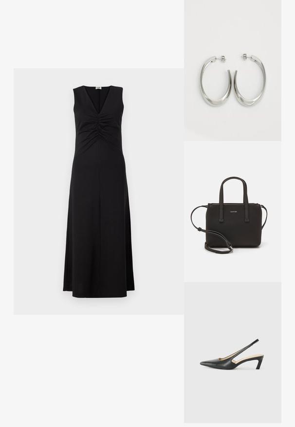 Černé bezramínkové šaty s výstřihem do V, nařasením v oblasti poprsí a volným siluetou sahajícím až ke kotníkům. Hladká textura látky.; Černý špičatý slingback s nízkým podpatkem, vyrobený z hladké kůže, s výřezem na boku pro lepší prodyšnost.; Černá kabelka s dvojitými krátkými uchy a odnímatelným ramenním popruhem. Hladký koženkový materiál s uzávěrem na zip a detailem loga.; Stříbrné kruhové náušnice s hladkým, zakřiveným designem. Vyznačují se lesklým kovovým povrchem a zapínáním na patent. Žádné viditelné vzory nebo akcenty.