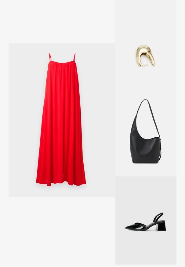 Rode maxi jurk met dunne spaghetti bandjes, een losse pasvorm en een geraffineerde halslijn. De stof lijkt licht en luchtig, geschikt voor warm weer.; Zwarte gepatineerde leren slingback hakken met een spitse neus en een geometrische blokhak. Kenmerkt zich door een slank, minimalistisch ontwerp en een gladde textuur.; Zwarte leren hobo tas met een gladde textuur, kromme vorm en een enkele verstelbare schouderband; heeft een brede opening aan de bovenkant.; Gouden metalen oorbel met een slank, gebogen ontwerp. Beschikt over een kenmerkende puntige vorm, gepolijste oppervlakte en scharnier sluiting.