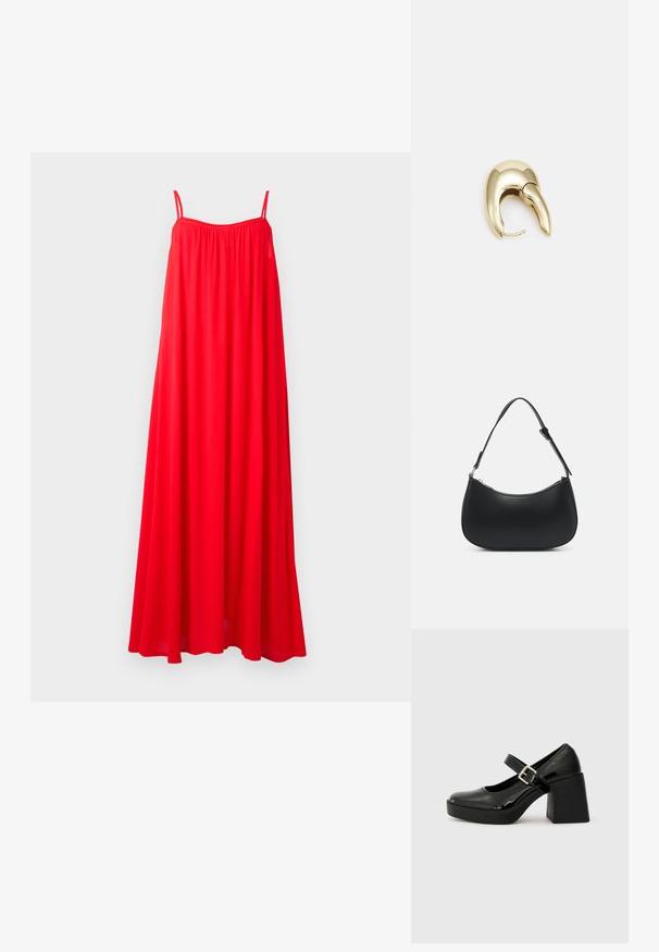 Punane maxi kleit õhukeste spagetitrikkidega, lahti istuv, ning kokku kogutud kaelusega. Kanga materjal näib kerge ja voolav, sobiv soeade ilmade jaoks.; Mustad lakknahast Mary Jane kontsad ümmarguse varbaga, laia ploki kontsaga, reguleeritava pandla rihmaga ja tekstuurse taldaga.; Pieces PCALUANA SHOULDER BAG - Käekott - black; Kuldtooni metallist kõrvarõngas, millel on elegantne ja kaarjas disain. Omab silmapaistvat teravat kuju, poleeritud pinda ja hingesulgemist.
