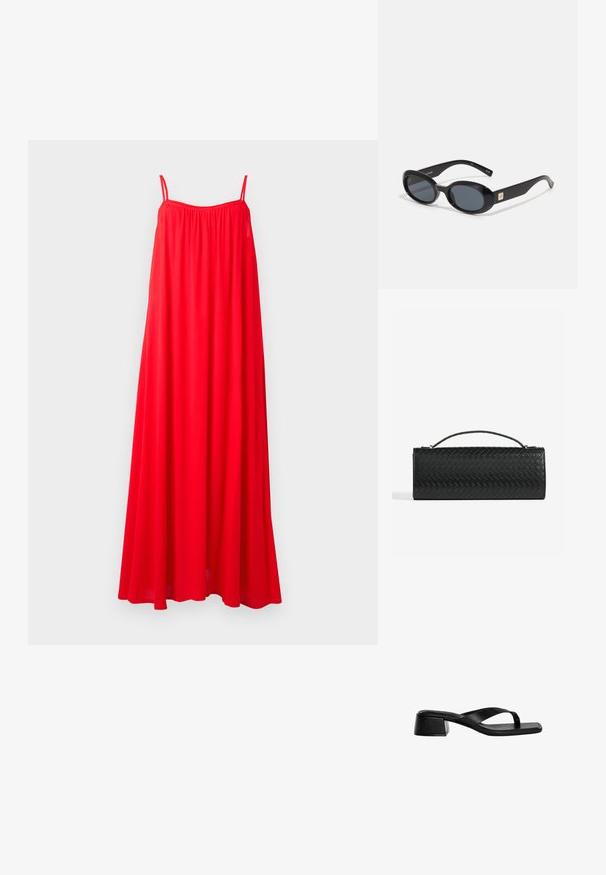 Abito maxi rosso con sottili spalline, una vestibilità ampia e un collo arricciato. Il tessuto sembra leggero e fluido, adatto per le giornate calde.; Le sandali con tacco in pelle nera presentano un design a fascia, punta quadrata e un tacco basso a blocco. Texture liscia con uno stile minimalista.; Occhiali da sole ovali neri con lenti scure, montatura in plastica lucida, aste larghe e un piccolo accent in oro su un lato.; Clutch bag in pelle intrecciata nera con forma rettangolare, dotata di una maniglia sottile e discreti dettagli in oro.; Collana in corda nera con perle grigie e bianche texturizzate, dotata di un grande pendente in frangia nera nella parte inferiore. Lunghezza regolabile.