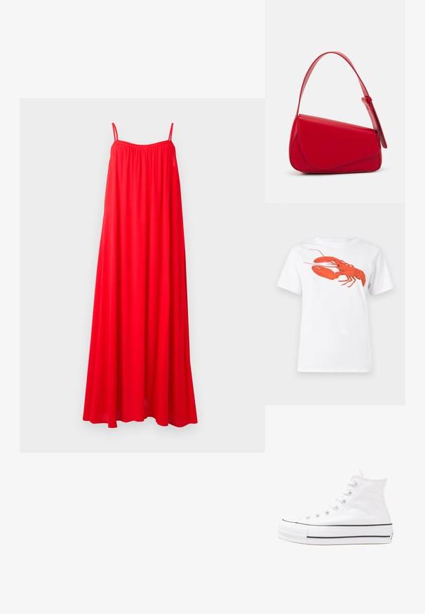 Robe maxi rouge avec de fines bretelles spaghetti, une coupe ample et un col froncé. Le tissu semble léger et fluide, adapté aux temps chauds.; T-shirt en coton blanc avec un grand graphisme de homard rouge vif sur le devant. Manches courtes et design à col rond standard.; Baskets montantes en toile blanche avec semelle en caoutchouc noir, capuchon en caoutchouc à l'avant, et six œillets pour les lacets, présentant un design épuré et minimaliste.; Sac à main en cuir rouge avec un design angulaire et géométrique. Il dispose d'une seule sangle ajustable et d'une fermeture à rabat avec un detailing cousu.