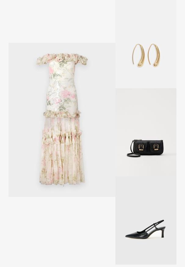Off-the-shoulder dress with a floral sequin upper, layered sheer fabric skirt, ruffle accents, and light colors featuring pink and green tones.; Black patent slingback heel with a pointed toe, featuring textured snake print, adjustable strap, and a short, textured block heel.; Black leather crossbody bag with two front pockets, gold buckles, zipper closure, and a slim strap. Textured surface and compact rectangular shape.; Gold-tone metal hoop earrings with a curved, elongated shape. Features a smooth, shiny surface and a rounded tip for added detail.