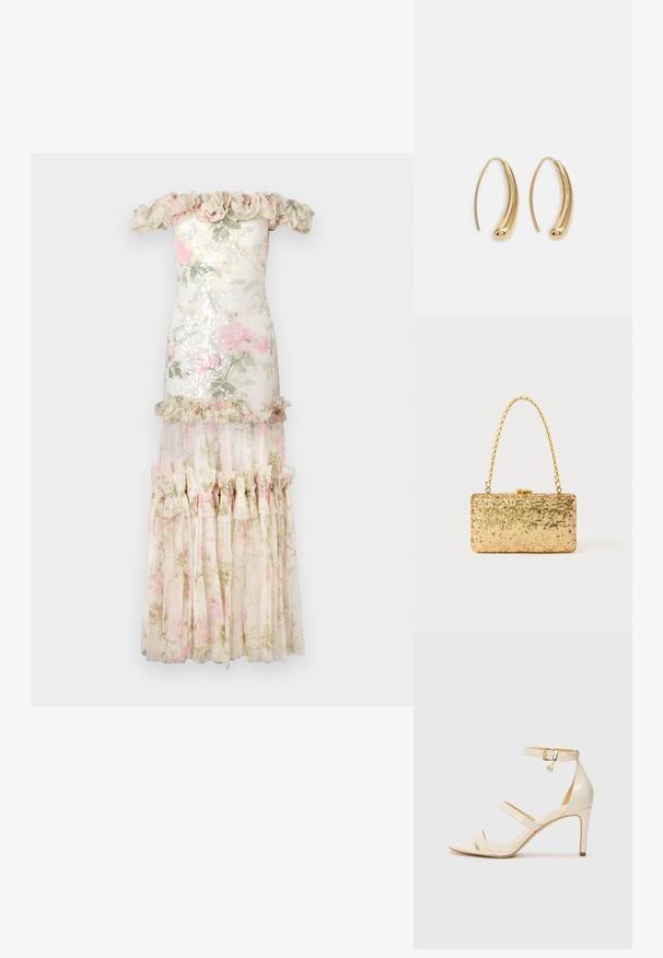 Ropica z odpadajočimi rameni z zgornjim delom iz cvetličnih bleščic, večplastno krilo iz prozorne tkanine, volančki in svetli odtenki, ki vključujejo roza in zeleni ton.; Bež čevlji na visoki peti s tankim trakcem okrog gležnja in dvema zgornjima trakoma. Sijajna lakirana površina in zlat detajl na trakcu okrog gležnja.; Zlata torbica s pomičnim šalom v pravokotni obliki, z zasukano verižico in kovinskim zapiranjem, ki odseva svetlobo z teksturirano površino.; Zlato-tonirani kovinski uhani v obliki obroča s krivuljo in podolgovato obliko. Imajo gladko, sijočo površino in zaobljen vrh za dodaten detajl.