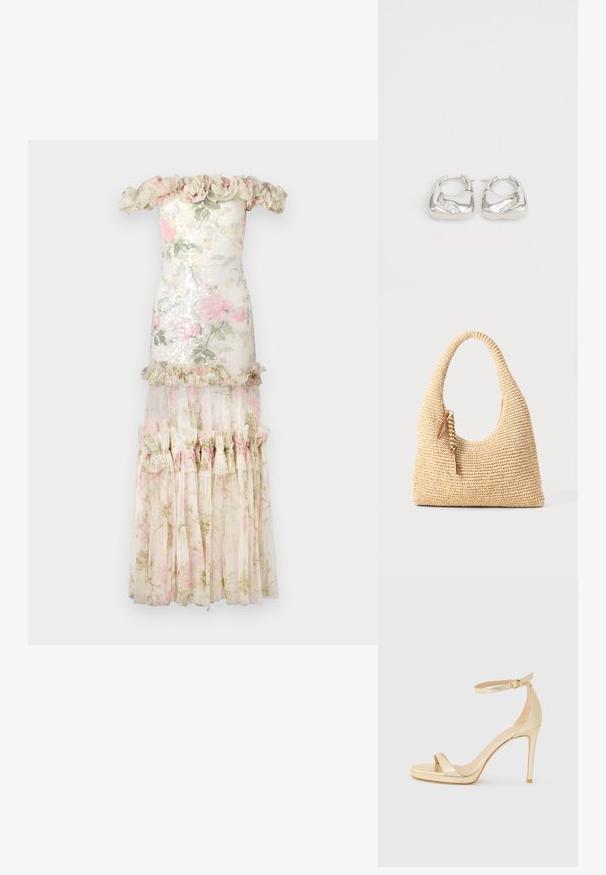 Off-the-shoulder dress with a floral sequin upper, layered sheer fabric skirt, ruffle accents, and light colors featuring pink and green tones.; Gold metallic high-heeled sandal with an open toe, ankle strap with a buckle, and a platform sole for added height. Smooth texture.; Woven beige handbag with a curved handle, textured surface, and a brown tassel detail. Features a slouchy, hobo shape.; Silver hoop earrings with a smooth, rounded design and a wavy accent featuring small, clear rhinestones along one edge.