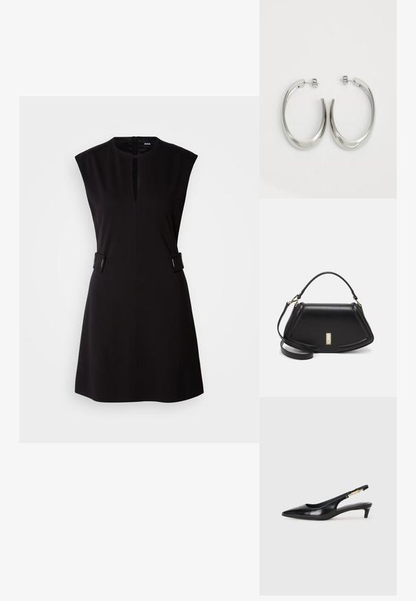 Črna obleka brez rokavov z okroglim izrezom, sprednjim razporkom in stranskimi poudarki. Narejena iz gladkega materiala z oprijetim krojem in dolžino do kolen.; Črne usnjene sandale na peto z ostro konico, ki imajo tanko peto in zlat ton na nastavljivem traku. Gladka tekstura.; Črna usnjena torbica s strukturnim dizajnom, ki ima skrajšano obliko, zgornji ročaj in zlate dodatke. Vključena je nastavljiva ramenska naramnica.; Srebrni uhani v obliki obroča z gladkim, ukrivljenim oblikovanjem. Imajo sijajno kovinsko površino in zapiranje na žebljiček. Brez vidnih vzorcev ali dodatkov.
