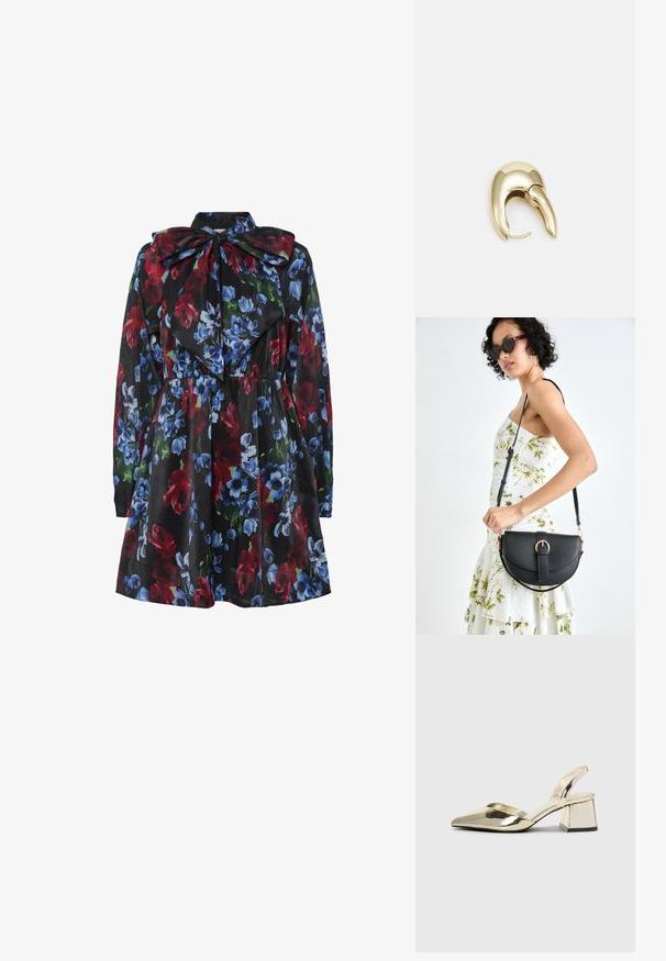 Gėlėta suknelė su juodu fonu, dekoruota raudonomis, mėlynomis ir žaliomis gėlėmis. Ilgos rankovės ir didelė kaspinė apykaklė.; Auksiniai, metaliniai slingback aukštakulniai bateliai su smailiu pirštu ir masyviu kulnu. Lygus paviršius, minimalizmo dizainas ir siaura juostelė.; Juodas odinis krepšys su išlenkta forma, nuimamu dirželiu ir auksiniais detalėmis. Krepšys turi kilpą su sagtimi.; Aukso tono metalinės auskarai su stilingu, kreiviu dizainu. Išsiskiria ryškiu smailiu pavidalu, poliruota paviršiumi ir užsegimu su vyriu.