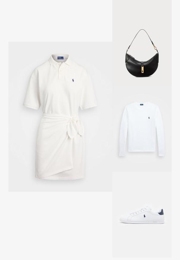 Rochie albă în stil polo, cu mâneci scurte, având un detaliu cu nod la talie și un logo brodat subtil pe piept.; Cămașă albă cu mâneci lungi, din bumbac, cu guler rotund, având un logo mic în nuanță de bleumarin pe pieptul stâng. Design simplu, croi normal.; Tenisi albe din piele, cu o finisare netedă, accente bleumarin și un logo mic pe lateral. Prezintă șireturi plate și o talpă din cauciuc texturată.; Geantă de piele neagră în formă de jumătate de lună. Dispune de un accent din metal auriu și o curea îngustă. Textură netedă, închidere cu fermoar în partea de sus.