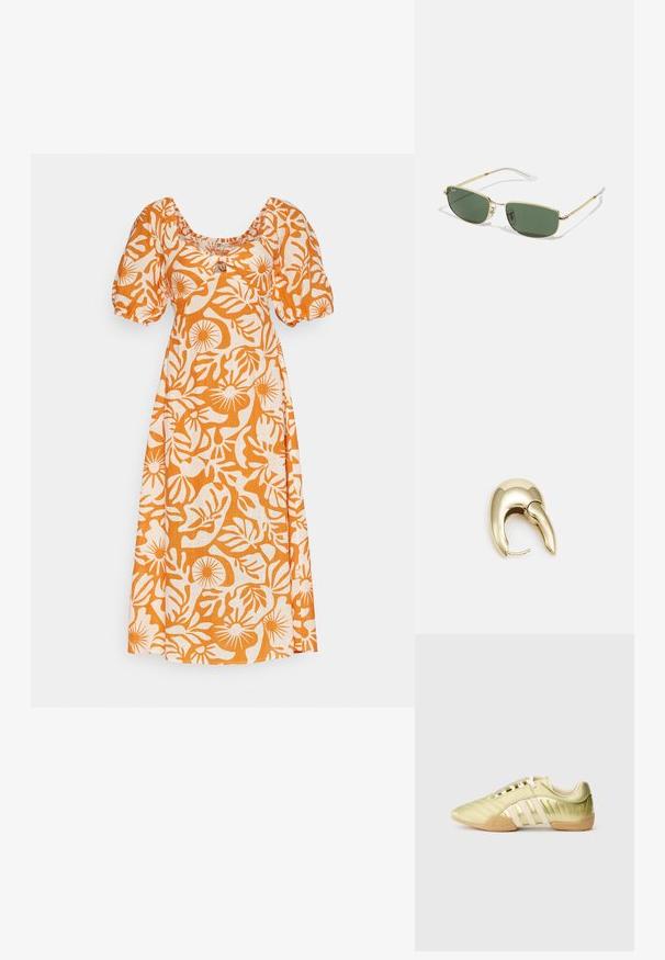 Orange and white floral-patterned dress with a square neckline, short puff sleeves, and a relaxed fit. Made from lightweight fabric.; Lime green synthetic athletic shoe with a smooth texture, featuring three white stripes, a soft inner lining, and a textured rubber outsole.; Gold metal frame sunglasses with green lenses, angular shape, and clear temple tips. Notable branding on the left lens.; Gold-tone metal earring with a sleek, curved design. Features a distinctive pointed shape, polished surface, and hinge closure.