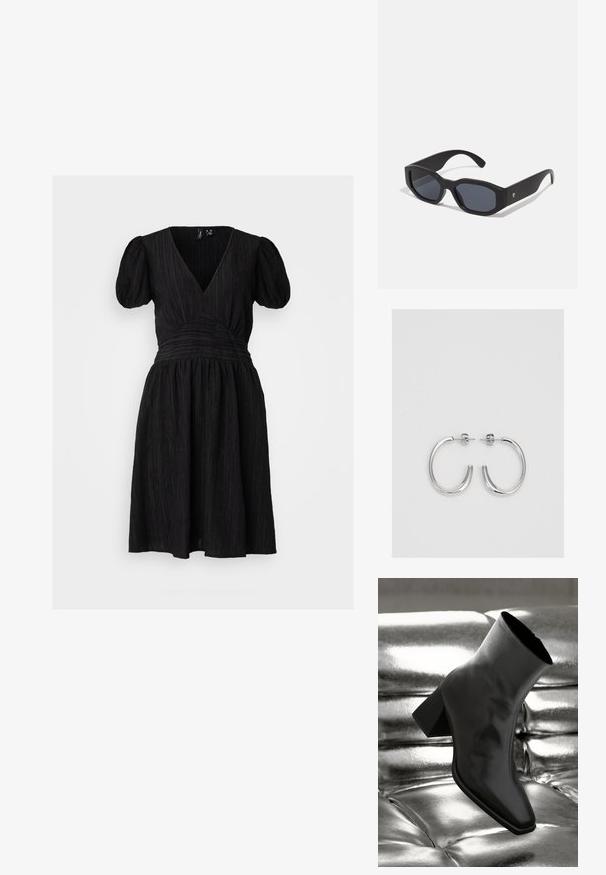 Juodas suknelis iš tekstūruoto audinio, su giliais V formos iškirpimu, pūstomis rankovėmis, susirinkusia juosmens dalimi ir išplatėjančia sijona. Nėra matomų raštų ar metalinių detalių.; Juodos kulkšnies botai, pagaminti iš blizgaus medžiagos, su kvadratine padu ir siauru kulnu, prieš blizgiai sidabrinį pūsto audinio foną.; Juodos akiniai nuo saulės su stačiakampiais rėmeliais, matinio paviršiaus, tamsiais objektyvais ir šiek tiek lenktomis rankenėlėmis. Diskretiška logotipo detalė ant vienos rankenėlės.; Sidabriniai lankelio formos auskarai su lygiu, blizgiu paviršiumi, išlenktos formos ir su užsegimu. Minimalistinio dizaino su moderniu apdaila.