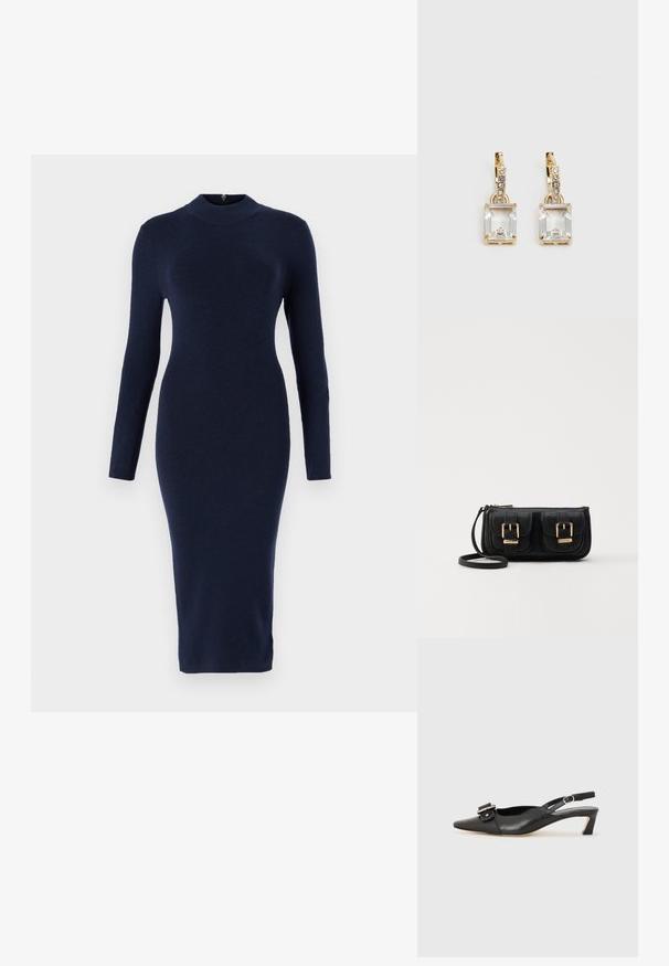 Robe midi bleu marine, ajustée, avec manches longues et col haut. Fabriquée en tissu lisse, elle possède une texture subtile et aucun matériel visible.; Chaussure slingback en cuir noir avec un bout pointu, un petit talon et un détail de boucle décoratif sur le dessus. Texture lisse, design minimaliste.; Sac en cuir noir porté en travers avec deux poches avant, boucles dorées, fermeture zippée et une sangle fine. Surface texturée et forme rectangulaire compacte.; Boucles d'oreilles en or lumineux avec un cristal rectangulaire transparent pendent sous une rangée de petits accents ronds transparents. Design élégant et moderne.