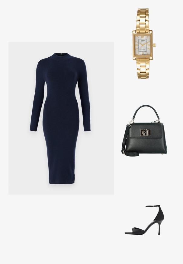 Mørkeblå, tætsiddende midi-kjole med lange ærmer og høj hals. Lavet af glat stof, med en subtil tekstur og uden synligt hardware.; Mango Højhælede sandaletter / Højhælede sandaler - black; Sort tekstureret læderhandbag med en struktureret form, der har et topgreb, en aftagelig skulderrem og en guldfarvet logo-lås.; Guldtonet rektangulær armbåndsur med en hvid skive, sølvtonede time markører og et holdbart metalled. Vandafvisende funktion inkluderet.