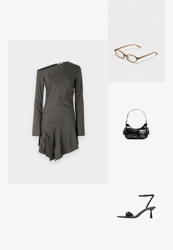 Rochie asimetrică cu mâneci lungi, de culoare gri închis, confecționată dintr-un material neted. Prezintă cusături diagale și o fustă evazată cu margine volan.; Bershka Sandale cu toc - black; Ochelari în nuanță de țestoasă maro, cu lentile ovale, brațe subțiri și accente transparente. Prezintă un logo subtil pe tâmplă. Design elegant și ușor.; Geantă de mână din piele lăcuită neagră, cu o formă curbată, un umăr, buzunare frontale și accente din metal argintiu.