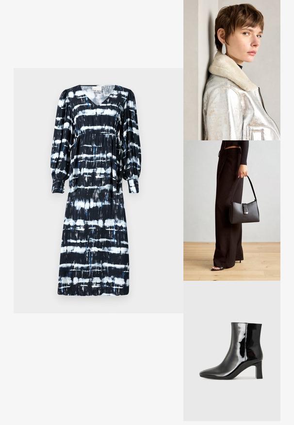 Rochie cu dungi alb-negru, decolteu în V, mâneci lungi și bufante, talie ajustabilă cu cordon și modele orizontale variate cu accente albastre.; Botine negre din piele lacuită, cu vârful ascuțit și toc bloc de înălțime medie. Textură netedă și design minimalist.; Genți negre cu o formă structurată, textură netedă și un închizător metalic. Asortată cu pantaloni negri largi și sandale cu vârf deschis pe un podea din lemn.; Jachetă din piele metalizată argintie cu guler din blană, având închidere prin fermoar și suprafață texturată. Cercei mari în formă de lacrimă cu pietre semiprețioase clare.