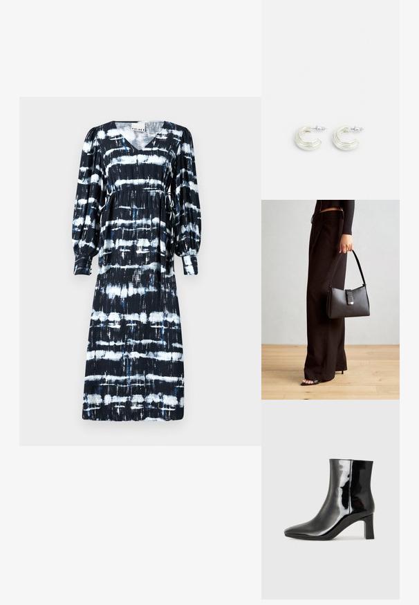 Juoda ir balta dryžuota suknelė su V formos iškirpte, ilgomis pūstomis rankovėmis, raišteliu reguliuojamu juosmeniu ir įvairiais horizontaliais raštais su mėlynomis akcentais.; Juodos lakuotos odinės aulinukės su smailiu pirštu ir vidutinio aukščio blokuotu kulnu. Lygus paviršius ir minimalistinis dizainas.; Juodas rankinė struktūrizuota forma, lygi tekstūra ir metalinis užsegimas. Suporuota su plačiomis juodomis kelnėmis ir atvirais bateliais ant medinių grindų.; Sidabriniai auskarai įsukto žiedo dizaino, su tekstūruotu paviršiumi ir briaunotu akcentu, pritvirtinti su užsegimu ant kotelio.