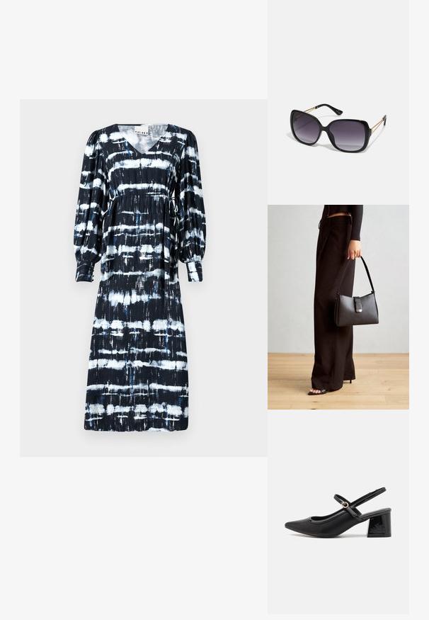 Čierno-biely pruhovaný šaty s výstrihom do V, dlhými puff rukávmi, pásom na stiahnutie a rôznymi horizontálnymi vzormi s modrými akcentmi.; Čierne lakované kožené lodičky so slingback dizajnom, špicatou špičkou, zaobleným výrezom a blokovým podpätkom. Obsahuje akcent zlatého tónu s prackou.; Čierne oversized slnečné okuliare s gradientovými sklíčkami, hrubými rámami a zlatým retiazkovým detailom na stranách.; Čierna kabelka so štruktúrovaným tvarom, hladkou textúrou a kovovou sponou. V kombinácii so širokými čiernymi nohavicami a sandálmi s otvorenou špičkou na drevenej podlahe.