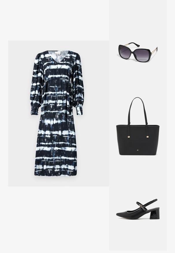 Vestido listrado em preto e branco com decote em V, mangas longas bufantes, cintura ajustável com cordão e padrões horizontais variados com realces em azul.; Sabrinas de cerâmica preta com salto bloco, bico apontado e um design com recortes arredondados. Apresenta um detalhe em fivela de tom dourado.; Óculos de sol oversized pretos com lentes degradê, armações grossas e detalhes em corrente dourada nas hastes.; Saco tote preto feito de material sintético, apresentando um design retangular simples, com detalhes quadrados dourados e duas alças.