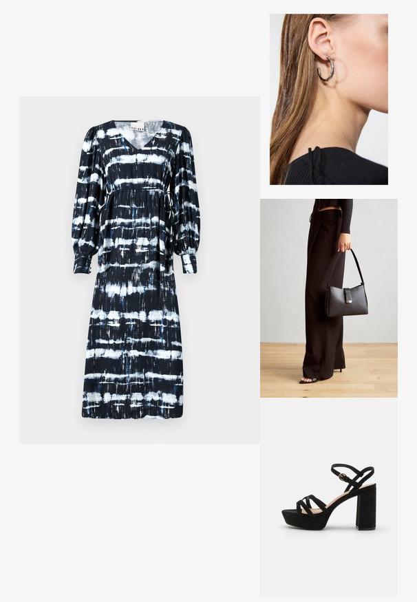 Melnbaltā svītraina kleita ar V-veida kakla izgriezumu, garām pūkainām piedurknēm, ar aukliņu jostasvietā un dažādām horizontālām rakstām ar ziliem akcentiem.; Melnas zamša platformas sandales ar blokveida papēdi, ar krustveida siksnām un ar sprādzi regulējamu potītes siksnu, nodrošinot drošu piegulšanu.; Melnā somiņa ar strukturētu formu, gludu tekstūru un metālu sprādzi. Saskaņota ar platām melnām biksēm un sandālēm ar atvērtu purngalu uz koka grīdas.; Sudraba auskars ar pulētu apdari, ar maziem zelta akcentiem un apaļu formu, uz ausu ļipiņas.