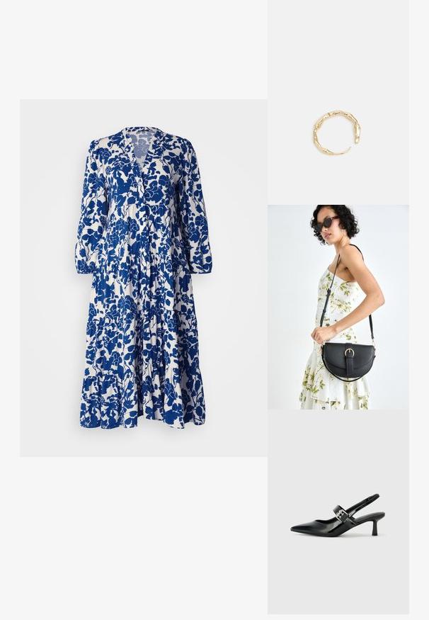 Zila un baltā ziedu rakstu kleita ar garām piedurknēm, V veida kakla izgriezumu, slāņotu frill apakšmalu un mīkstu auduma tekstūru.; Melnas lakotas ādas sūkņa kurpes ar norādītu purngali un mazu bloku papēdi, ar sudraba sprādzi akcentā uz jostas.; Melnas ādas rokassoma ar izliekta formu, noņemamu siksnu un zelta aksesuāriem. Somai ir vāciņš ar sprādzes detaļu.; Zelta toņa gredzens ar organisku, vērptu dizainu, gludu virsmu un sašaurinātiem galiem, radot mūsdienīgu, skulpturālu izskatu.