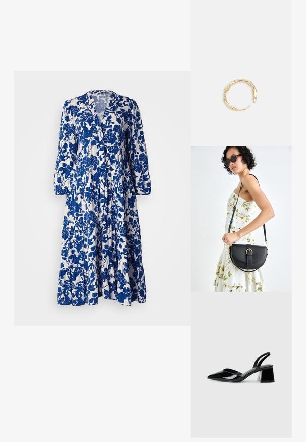 Sinine ja valge lillemustriga kleit, millel on pikad varrukad, V-kaelus, kihiline volangäär ja pehme kangas.; Mustad musta lakknahk kingad, millel on terav varvas ja geomeetriline plokkkonts. Omab elegantselt minimalistlikku disaini ja sujuvat tekstuuri.; Mustmust mustraha kõverate joontega, eemaldatava rihmaga ja kuldsete detailidega. Kotil on klapp, millel on pandladetail.; Kuldtoonis sõrmus, millel on orgaaniline, keerdunud disain sileda tekstuuri ja kitsenevate otstega, luues kaasaegse skulptuurilise välimuse.