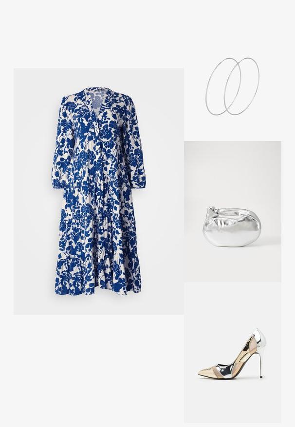 Sinine ja valge lillemustriga kleit, millel on pikad varrukad, V-kaelus, kihiline volangäär ja pehme kangas.; Kitsas toe kõrge kontsaga kingad, millel on hõbedane, kuldne ja nude värvilahendus. Läikiv viimistlus lõikekujundusega, stiletto konts.; Hõbedane metallikoti kott pehme, ümar kuju ja sõlme ülemise sulgemisega. Valmistatud siledast kunstnahast materjalist.; Hõbedased rõngastikkaehingad minimalistlikus disainis. Ümar kuju, sile tekstuur ja õhuke profiil. Kerged ning poleeritud viimistlusega.