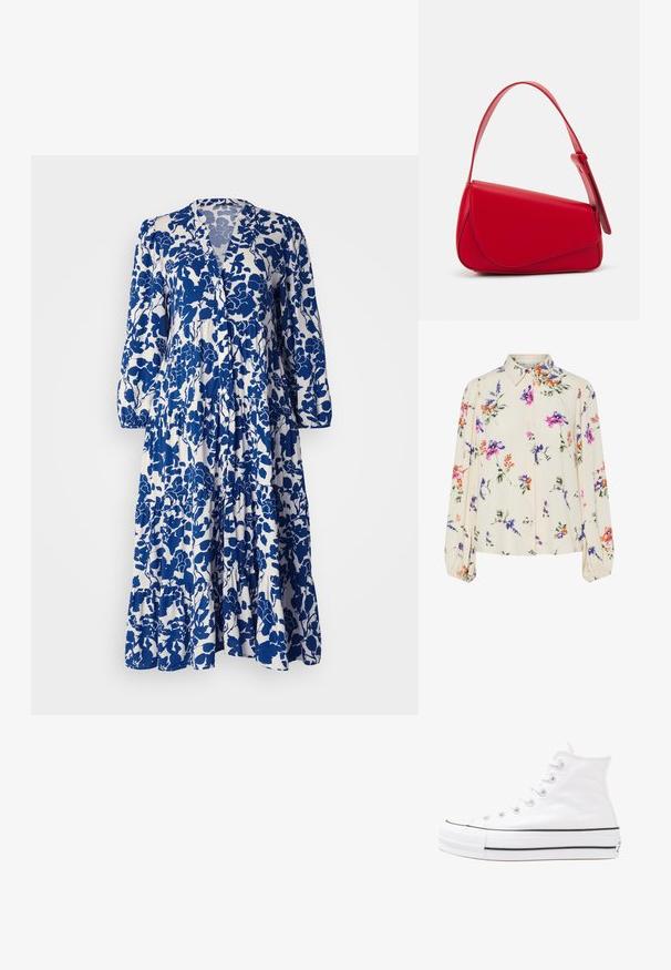 Sinine ja valge lillemustriga kleit, millel on pikad varrukad, V-kaelus, kihiline volangäär ja pehme kangas.; Lille kreemipehme lilleline pluus, millel on pikad puhvli varrukad, millel on lillad, oranžid ja rohelised lillemustrid ning klassikaline kaelus.; Valge kõrgem kangast tenniseking, millel on must kummist tald, ees kummist varvasetugi ja kuus aukku paelte jaoks, pakkudes puhta ja minimalistliku disaini.; Punane nahast käekott, millel on nurkadega geomeetriline disain. Omab ühte reguleeritavat rihma ja klappidega sulgemist, millel on õmblustega kaunistused.