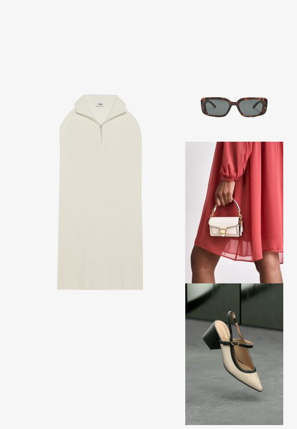 Kremowa, dziergana sukienka z wysokim kołnierzem i zapięciem na zamek. Posiada luźny, wydłużony kształt z prążkowaną teksturą. Brak widocznych wzorów lub akcentów.; Beżowe buty typu slingback z ostrym noskiem, czarnym wykończeniem, złotą klamrą i grubym obcasem na szarym podłożu z ciemnozielonym tłem.; Okulary przeciwsłoneczne w kratkę w kształcie prostokątnym, z grubymi oprawkami i ciemnymi szkłami. Gładka faktura i minimalistyczny design.; Biała skórzana torebka o prostokątnym kształcie, ze złotymi akcesoriami i krótkim łańcuszkiem, trzymana w dłoni, zestawiona z czerwoną sukienką.