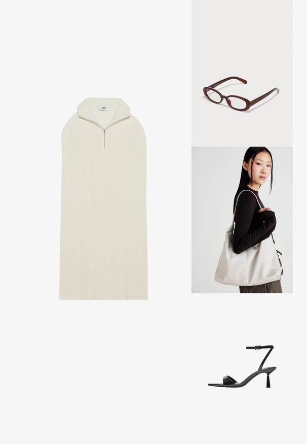 Krém színű kötött ruha magas gallérral és cipzáras záródással. Jellemzője a laza, hosszúkás forma bordázott textúrával. Nincsenek látható minták vagy kiemelések.; Bershka Magas sarkú szandálok - black; Ovális alakú piros napszemüveg átlátszó lencsékkel és karcsú barna kerettel. A dizájn diszkrét íveket és minimális szerelvényeket mutat.; Puha anyagból készült bézs kézitáska, laza dizájnnal, varrott részletekkel és két vállpánttal. Mindennapi használatra alkalmas.