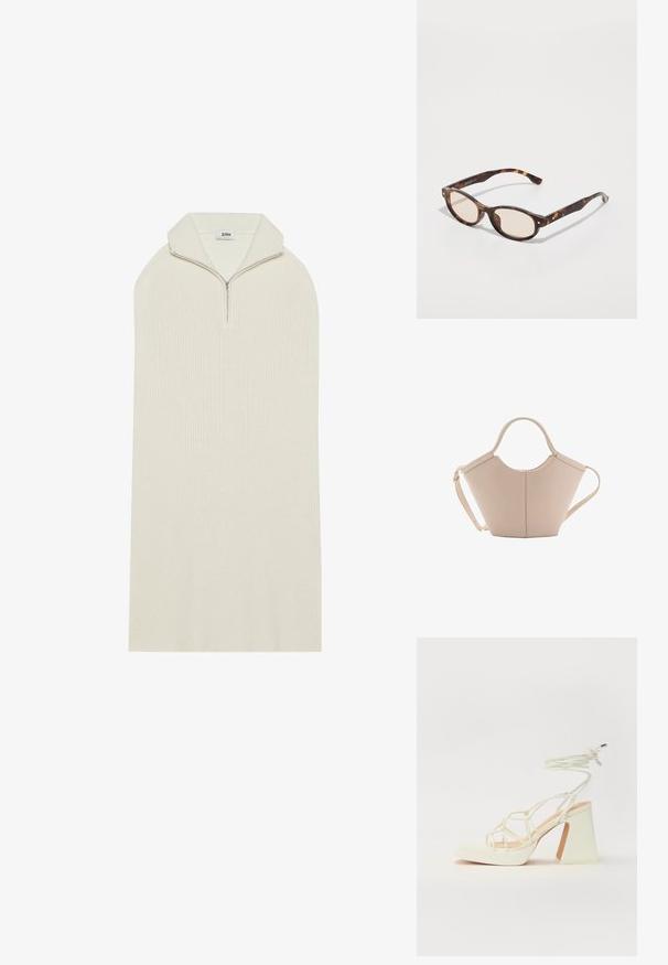 Krémové pletené šaty s vysokým límcem a zipovým zapínáním. Mají volný, prodloužený tvar s ribbovanou texturou. Žádné viditelné vzory ani akcenty.; Bílé sandály na vysokém podpatku s robustním podpatkem, s designem s pásky a zavazováním kolem kotníku. Hladký povrch s platformou vpředu pro zvýšení výšky.; Sluneční brýle ve tvaru zakulacené skořápky s lehkými čočkami. Mají robustní nohy se zlacenými akcenty, vyrobené z plastového materiálu.; Beige kožená kabelka s jedinečným tvarem, vybavená dvěma krátkými uchy a dlouhým nastavitelným popruhem. Hladká textura s minimem kovových doplňků.