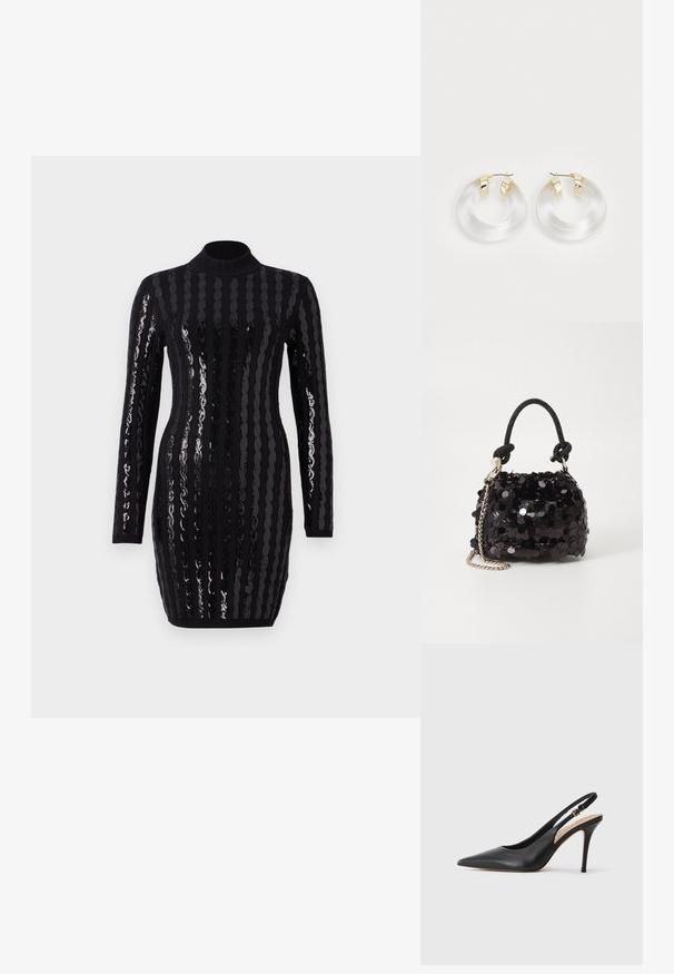 Juoda ilga rankovė su blizgančiomis vertikaliomis blizgučių juostomis, aukštu kaklu, prigludusia siluetu, su raukinėta tekstūra ties rankogaliais ir apdaila.; Juoda odinė slingback aukštakulnė batai su smailiu pirštu, glotnia tekstūra ir delikatia juosta su metaline sagtimi.; Juodas blizgučių mini rankinukas su mazguotu tekstūruotu dirželiu ir sidabro grandine. Suapvalinta forma su susiraukšlėtopu ir atspindinčiomis detalėmis.; Skirtingai skaidrūs akrilo auskarai su auksinės spalvos metaliniais akcentais ir poliruotu finišu. Yra sklandus, apvalus dizainas.
