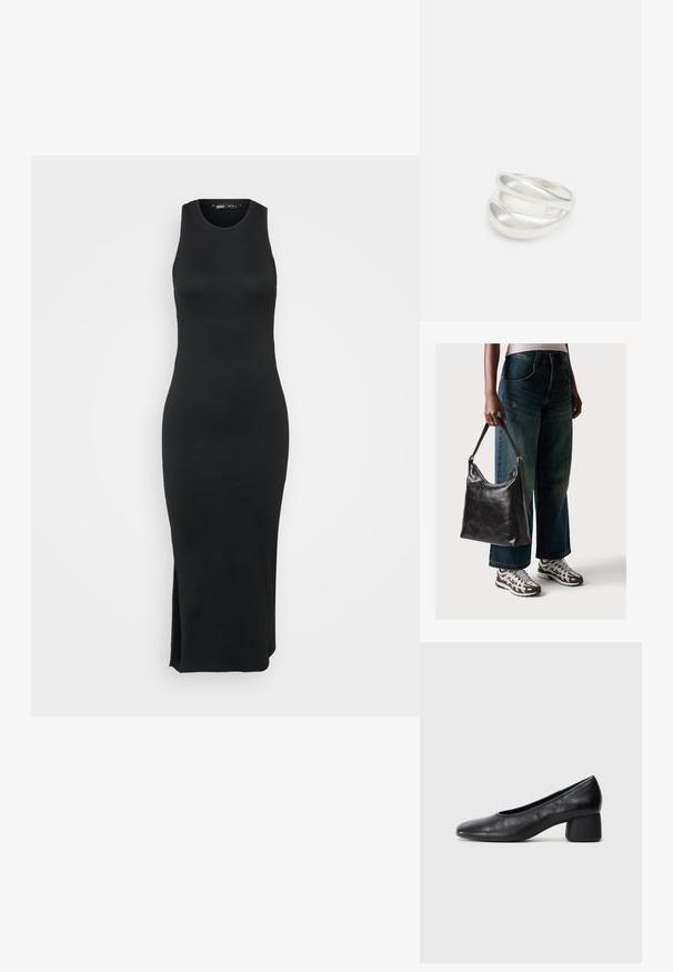 Melnā ribota džersija bez piedurknēm, pieguloša forma, garums līdz pusceļgala, ar sānu šķēlumu ērtai kustībai, minimālisks stils.; Melna ādas kurpe ar noapaļotu purngalu un vidēja izmēra blokkāju. Gluda tekstūra ar minimāliem dekoriem, ar delikātu elastīgu atveri.; Melna ādas pleca soma ar gludu tekstūru un regulējamu siksnu, saskaņota ar izbalējušām platām biksēm un sportiskām kedām.; Sudraba divu joslu gredzens ar gludu, pulētu virsmu. Iezīmējas ar plūstošu, izliekta dizaina struktūru ar pārklājošām sekcijām modernam izskatam.