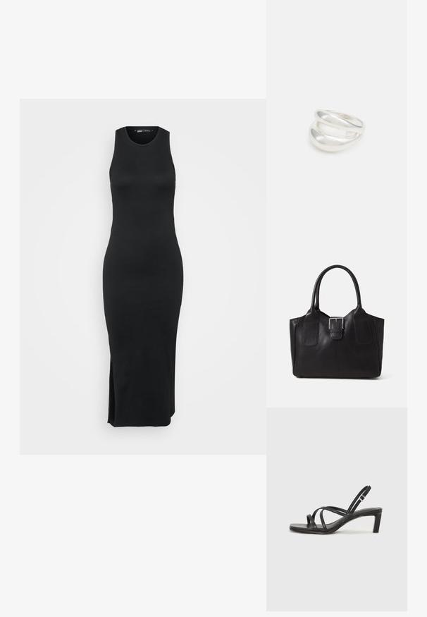 Čierne rebrované pletené šaty bez rukávov, priliehavý strih, dĺžka po polovicu lýtok, s bočným rozparkom pre pohodlný pohyb, minimalistický štýl.; Čierne sandále na vysokom podpätku so štvorcovou špičkou a nízkym blokovým podpätkom. Obsahujú viacero tenkých popruhov a nastaviteľný členkový popruh. Vyrobené z hladkej kože.; Čierna kožená taška s hladkou textúrou, štruktúrovaným tvarom, dvoma uchami a výrazným strieborným prackovým detailom na prednej strane.; Strieborný prsteň s dvojitým pásikom s hladkým, lesklým povrchom. Má plynulý, zakrivený dizajn s prekryvajúcimi sa časťami pre moderný vzhľad.