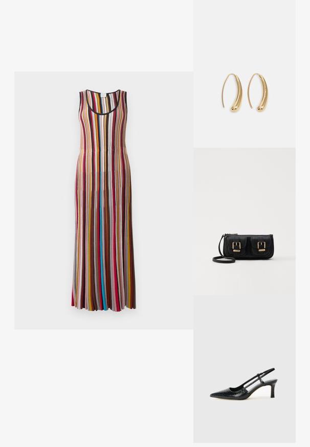 Abito lungo senza maniche con righe verticali in rosso, rosa, senape, marrone, blu e nero su uno sfondo chiaro.; Slingback con tacco in vernice nera con punta affusolata, caratterizzato da una stampa a serpente testurizzata, cinturino regolabile e un tacco corto e testurizzato.; Borsa a tracolla nera in pelle con due tasche frontali, fibbie dorate, chiusura con zip e una tracolla sottile. Superficie texturizzata e forma rettangolare compatta.; Orecchini a cerchio in metallo color oro con forma curva ed allungata. Presentano una superficie liscia e lucida e una punta arrotondata per un tocco di dettaglio in più.