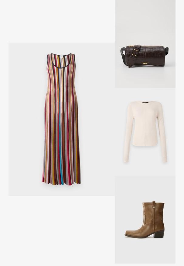 Vestido longo sem mangas com riscas verticais em vermelho, rosa, mostarda, castanho, azul e preto sobre um fundo claro.; Camisola de mangas longas, bege claro, com decote redondo. Feita de um tecido macio, apresenta uma costura central e uma bainha ligeiramente curva. Sem ferragens visíveis.; Bota de tornozelo em couro castanho com bico quadrado, acabamento texturizado e salto baixo em camadas. Apresenta uma alça na parte de trás e detalhes de costura discretos.; Bolsa de couro com textura de crocodilo na cor marrom, com forma cilíndrica, metalizações em tom dourado e uma alça destacável com tachas.