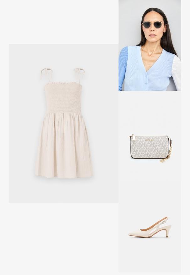 Beez, ilma varrukat kleit, volditud rinnaosa, reguleeritavad seotud rihmad ja laienev seelik. Valmistatud kerge, tekstureeritud kangast.; Valge slingback konts, terava ninaga, siledast ülemisest materjalist, madala ploki kontsaga ja külgse nähtavusega ning reguleeritava pandla rihmaga.; Ringikujulised prillid tumedate läätsede ja kullast raamiga. Mudel on selga pannud helesinise soonikuga kardigani, millel on nupud ja kontrastsed valged varrukad.; Michael Korsi randmevõru beige kaetud kangast, millel on korduv MK logo muster, kuldne riistvara ja eemaldatav ahelistrap.