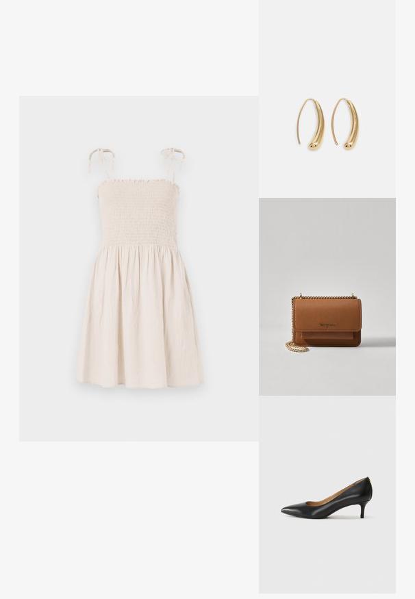 Bežs, bez piedurknēm, kleita ar smockētu korpusu, regulējamiem saites pleciem un izplatītu svārku. Izgatavota no viegla, teksturēta auduma.; Melnas ādas augstpapēžu kurpes ar pīlādžu purngalu, zemu papēdi un gludu virsmu. Raksturīga neliela atvere priekšā un minimāls aprīkojums aizmugurē.; Brūna teksturēta ādas plecu soma ar zelta ķēdes siksnu un atloka aizdari. Priekšpusē ir logotipa detaļa un kabata zem atloka.; Zelta toņu metāla gredzena auskari ar izliektu, pagarinātu formu. Ar gludu, spīdīgu virsma un noapaļotu galu papildu detaļām.