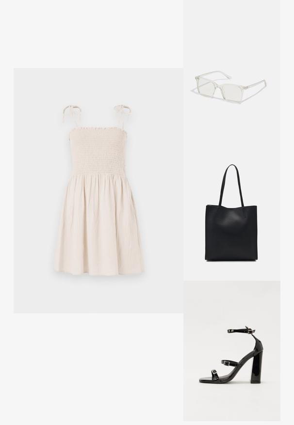 Vestido bege, sem mangas, com corpete franzido, alças ajustáveis e saia rodada. Feito de um tecido leve e texturizado.; Sandálias de tacão preto laqueadas com bico quadrado, tiras para o tornozelo e fivelas prateadas. Apresentam um salto bloco chunky para estabilidade.; Óculos quadrados de plástico transparente com lentes translúcidas, apresentando detalhes em dourado nas hastes.; Bolsa tote preta em couro com textura lisa, forma retangular e duas alças longas. Sem hardware ou enfeites visíveis.