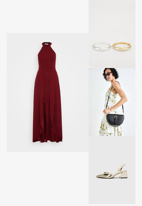 WAL G TALL YANNY HALTER NECK BODYCON - Obleka iz džersija - cherry wine; Zlati, kovinski slingback čeveljci z ostrim nosom in masivnim peto. Gladka tekstura, minimalistična zasnova in ozka zanka.; Črna usnjena torbica s ukrivljeno obliko, z odstranljivo naramnico in zlatimi dodatki. Torbica ima pokrov s podrobnostmi v obliki zaponke.; Zign 2 PACK - Zapestnica - gold-coloured/silver-coloured