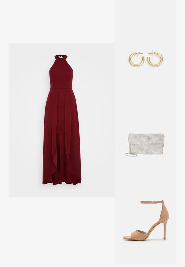 WAL G TALL YANNY HALTER NECK BODYCON - Dzsörzéruha - cherry wine; ALDO CRERIDE PILLOW WALK - Szandálok - beige; Ezüst hálós clutch táska textúrált, szőtt mintázattal, hajtótetővel és levehető lánc pánttal a könnyű hordozhatóság érdekében.; Arany fülbevalók sima, fényes felülettel. Kör alakú dizájn, amely kis kapoccsal és átlátszó tartozékkal rendelkezik a biztonságos viselés érdekében.