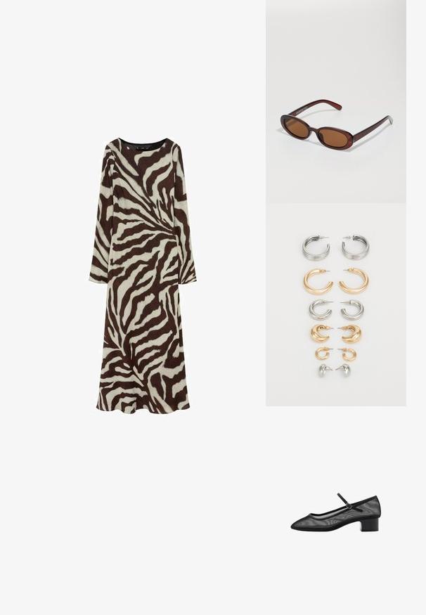 Haljina dugih rukava izrađena od mekanog materijala s smeškim i krem-zebrastim uzorkom, s okruglim izrezom i lepršavim siluetom.; Crne mrežaste pumpe s šiljatim vrhom, malim blok potpeticom i detaljem trake oko gležnja. Imaju glatku teksturu i minimalistički dizajn.; Okvir okruglih, smeđkastih sunčanih naočala s sjajnim burgundskim okvirom. Uski nositelji s suptilnim brendiranjem. Ravna leća.; Set od osam metalnih naušnica u srebrnim i zlatnim tonovima. Uključuje razne stilove obruča, teksture i završne obrade, raspoređene po veličini.