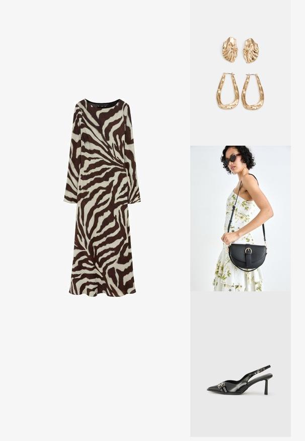 Langärmliges Kleid aus weichem Stoff mit einem braun- und cremefarbenen Zebra-Streifenmuster, einem runden Ausschnitt und einer fließenden Silhouette.; Schwarzer Lackleder Slingback-Schuh mit spitzem Zehenbereich, Knöchelriemen mit silbernen Schnallen und Beschlägen sowie einem schlanken Absatz.; Schwarze Lederhandtasche mit geschwungener Form, abnehmbarem Tragegurt und goldenen Beschlägen. Die Tasche verfügt über einen Deckel mit einer Schnallen-Details.; Ohrringe in Goldoptik mit strukturierten, gewellten Formen. Beinhaltet skulpturale Clip-Ohrringe und ein offenes Hoop-Design mit gehämmertem Finish.