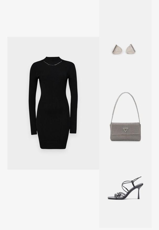 Rochie neagră cu mâneci lungi, cu fundă înaltă, croit pe corp, și detalii din argint pe guler. Design simplu și aderent.; Sandale negre cu toc înalt au curele subțiri cu un design legat, un vârf pătrat neted și un toc stiletto elegant.; Geantă metalică gri deschis, cu un strap din lanț, decorată cu mici ținte circulare metalice și un logo de marcă triangular.; Cercei din metal argintiu cu o formă netedă, în formă de lacrimă și un finisaj lucios. Gravuri subtile adaugă detalii. Design minimalist.